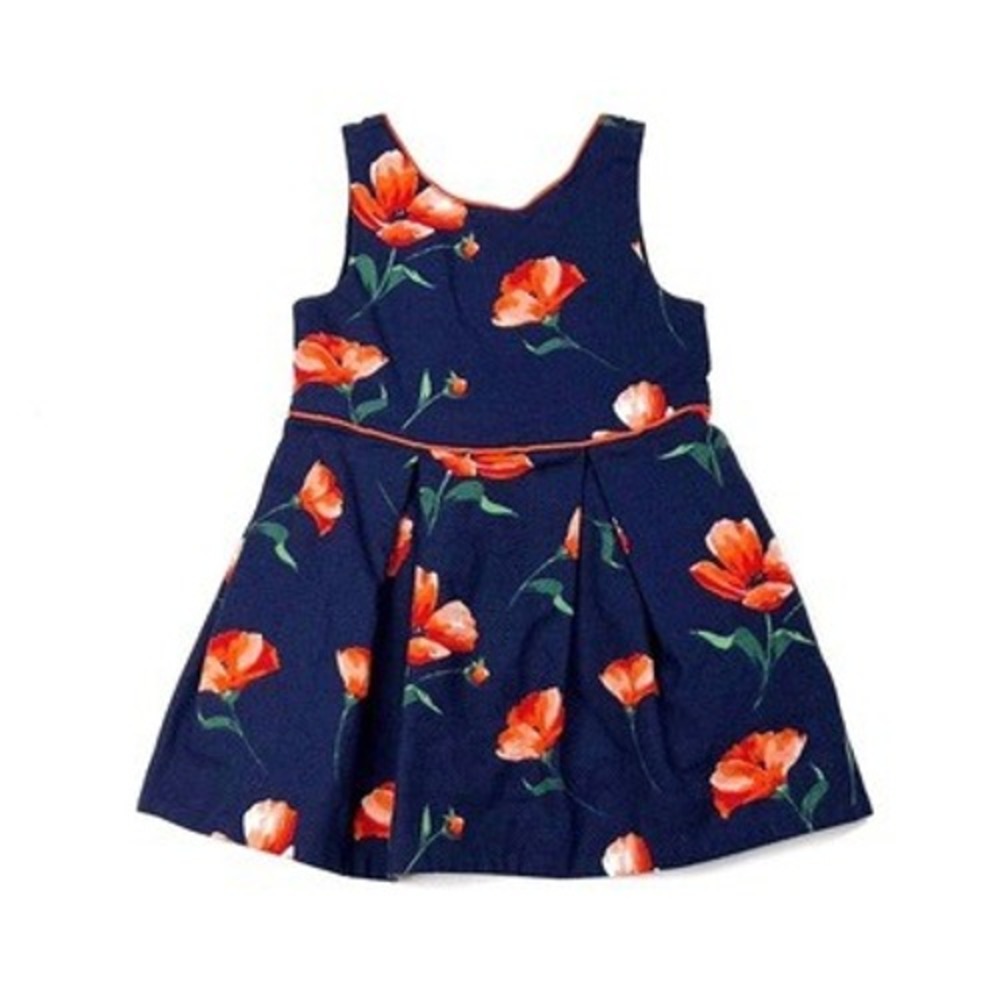 Janie‎ and Jack Navy Floral Print Dress with Red Trim Sleeveless Pleated Skirt